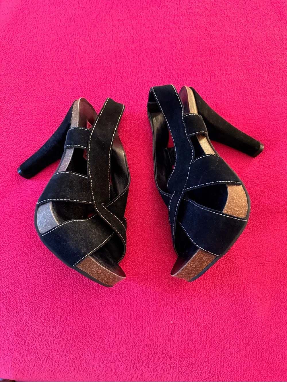 Betsey Johnson Black Suede Peep-Toe Slingback Heels